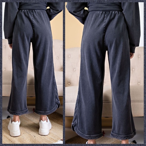 EASEL "So Comfy" Mineral Washed Pants Cotton Terry Side Leg Detail Elastic Waist - Picture 8 of 16